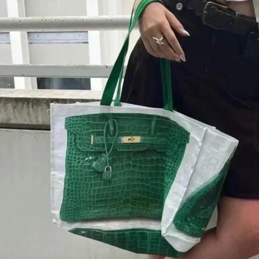 Grocery Bag made from Recycled Plastic Bottles with Novelty Bag Print in Green